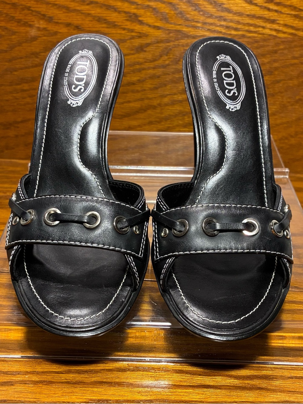 Y2K VTG Tod’s Italy Lace Through Vamp Heeled Slide Mules Black Leather Size 6